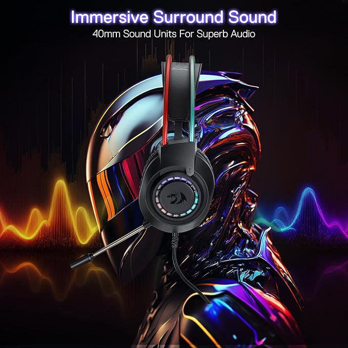 Redragon H231 SCREAM RGB Wired Gaming Headset – 40mm Drivers, Surround Sound, Retractable Headband, Memory Foam, 360° Noise-Canceling Mic, 250g Ultra-Light – Black/Red