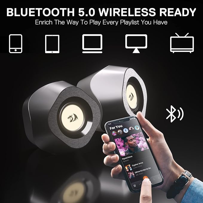 Redragon GS590 Wireless RGB Desktop Speakers – 2.0 Channel Stereo, 3Wx2, 2.25" Drivers, BT5.0/AUX/USB, In-Line Control Box, Dynamic Ambient RGB Backlight – Black