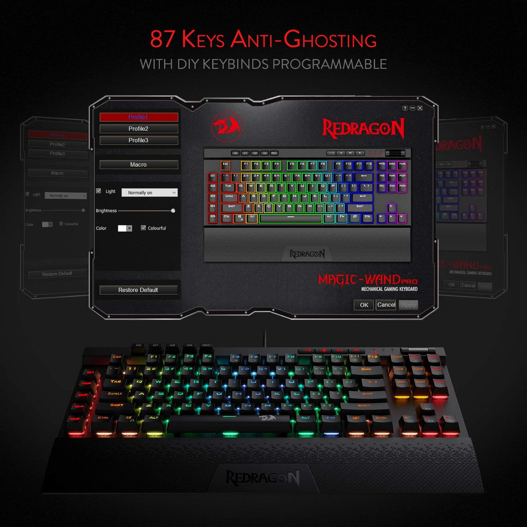 Redragon K587 MAGIC-WAND RGB TKL Wired Gaming Keyboard – 87 Keys, Optical Blue Switch, 9 Macro Keys, Type-C, Detachable Wrist Rest – Black