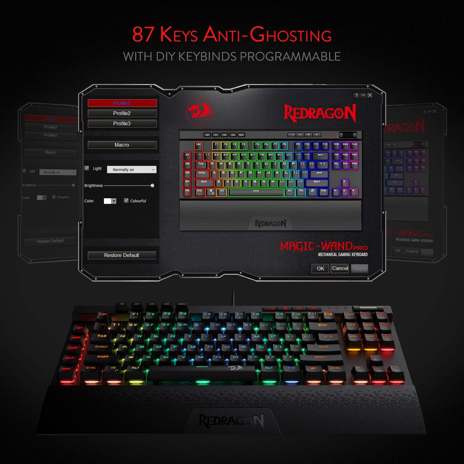 Redragon K587 MAGIC-WAND RGB TKL Wired Gaming Keyboard – 87 Keys, Optical Blue Switch, 9 Macro Keys, Type-C, Detachable Wrist Rest – Black
