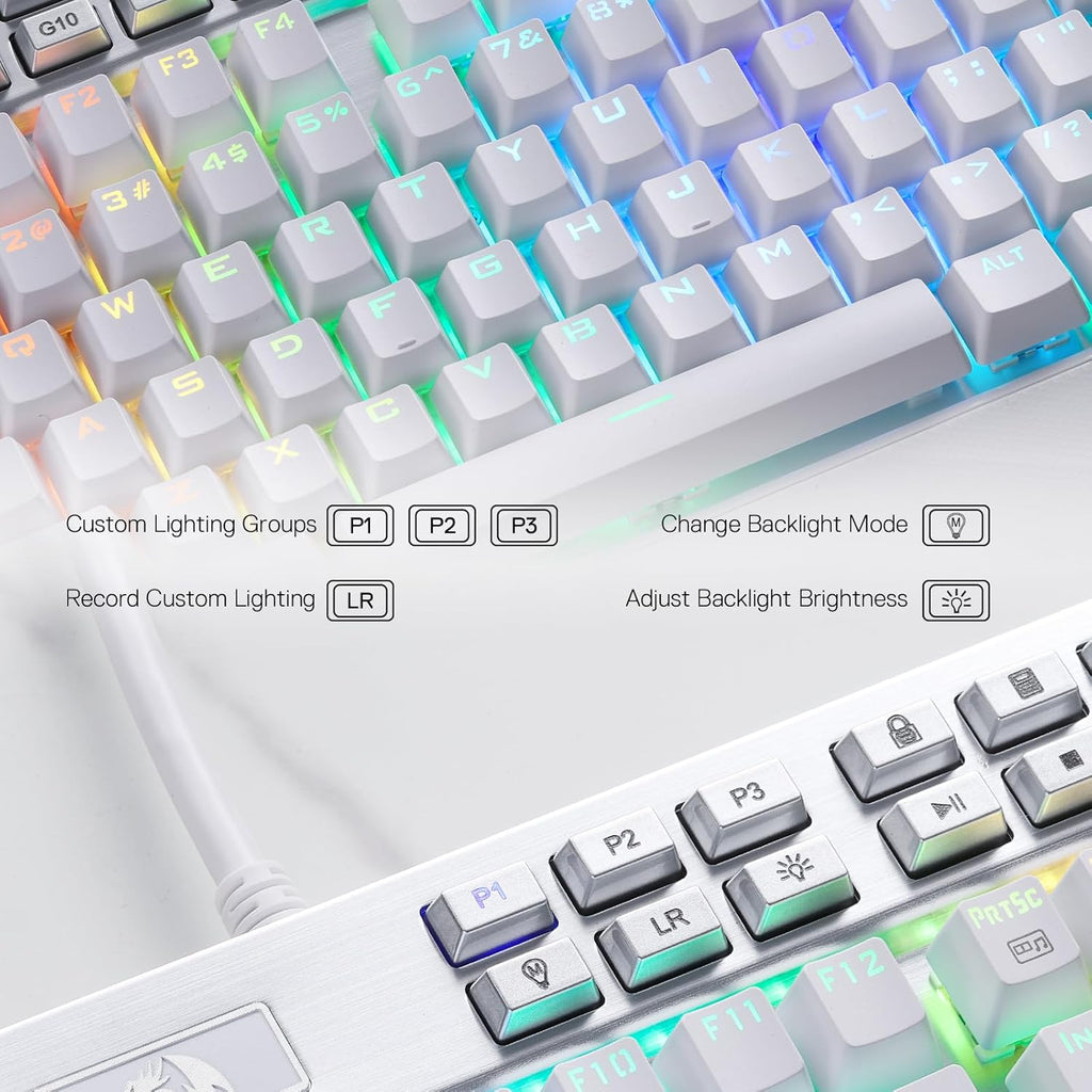 Redragon K550 YAMA RGB Wired Mechanical Gaming Keyboard – Full Size, Brown Switch, 12 Macro Keys, Volume Wheel, USB Pass-through, Detachable Wrist Rest – White