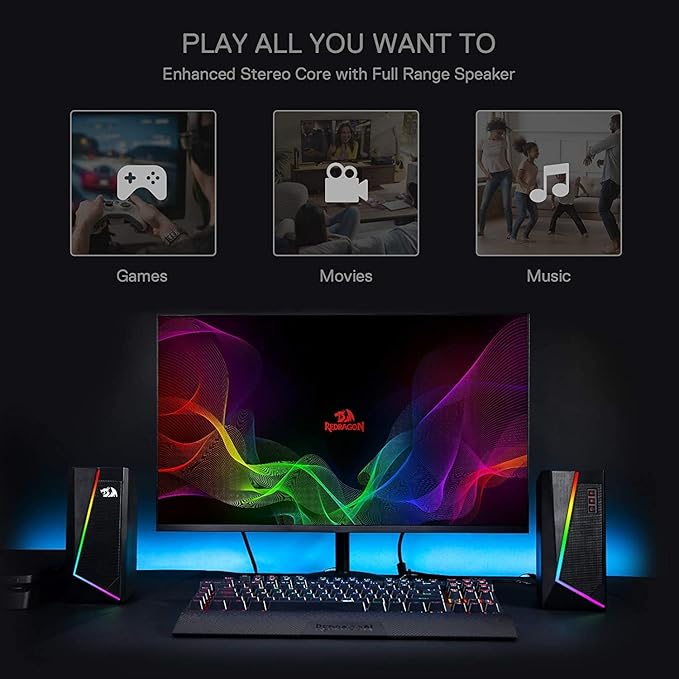 Redragon GS520 Anvil RGB Desktop Speakers – 2.0 Channel PC Stereo, 6 RGB Modes, Touch Control, Easy-Access Volume, USB Powered + 3.5mm – Black