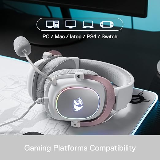 Redragon H510W ZEUS-X RGB Wired Gaming Headset – 7.1 Surround Sound, 53mm Drivers, Memory Foam + Fabric Ear Pads, Rainbow RGB (Dynamic/Static/Off), Detachable Boom Mic, In-Line Control, USB – White
