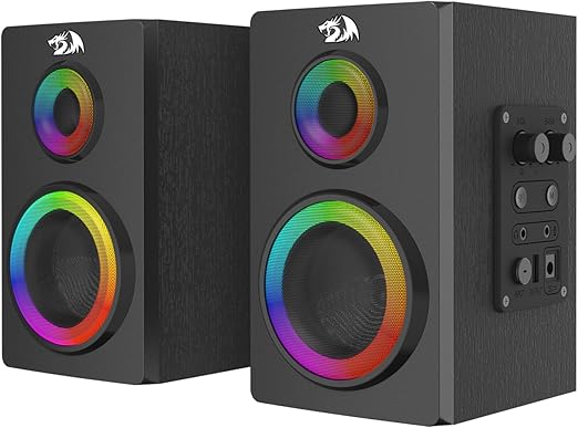 Redragon GS811 Orchestra 2.0 Bluetooth RGB Computer Speaker – Dual RGB Ring Drivers, Wooden Enclosure, Volume & Bass Control, AUX + USB + BT – Black