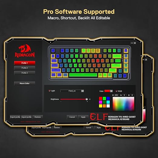 Redragon K649 PRO RGB 75% Gasket-Mount Hot-Swap Wired Mechanical Gaming Keyboard – Custom Gold-Melt Translucent Switch, 16.8M RGB 20 Modes, Pro Software – Black/Gold