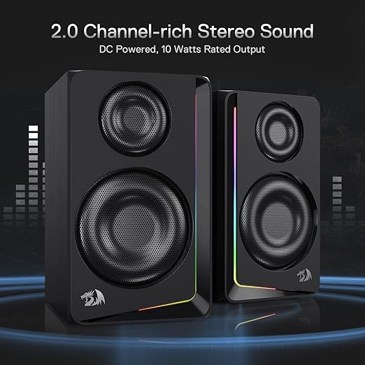 Redragon GS812 Wireless RGB Wooden Bookshelf Speakers – 2.0 Channel, 10W, 4x 3" Bass Drivers, BT5.0/AUX, Volume & Bass Knob, Headset & Mic Jacks, Dynamic RGB Bar – Black