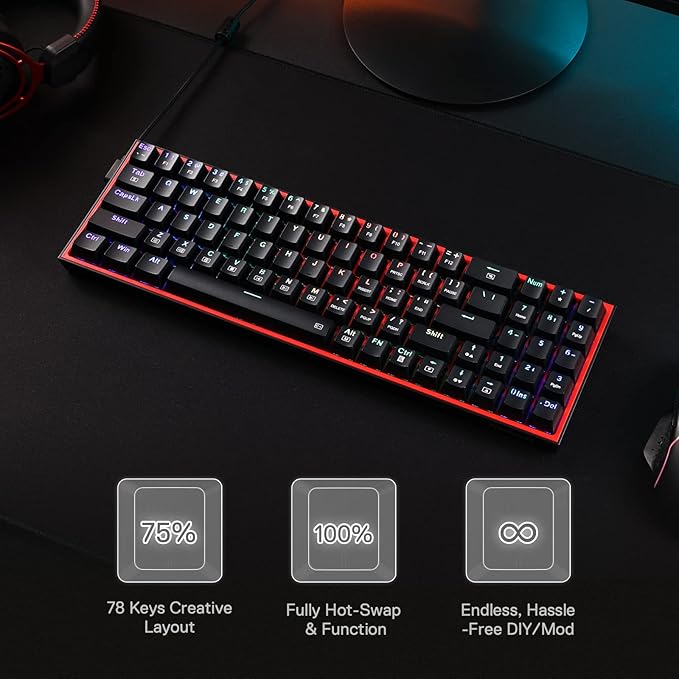 Redragon K628 POLLUX RGB 75% Hot-Swap Wired Mechanical Gaming Keyboard – 78 Keys, Red Switch, Free-Mod PCB, 470g Ultra-Light, Pro Software – Black/Red