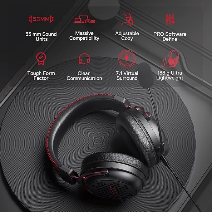 Redragon H386 DIOMEDES Wired Gaming Headset – 7.1 Surround Sound, 53mm Drivers, 188g Honeycomb Shell, Steel Frame, Detachable Boom Mic, USB-C/AUX/USB-A – Black/Red
