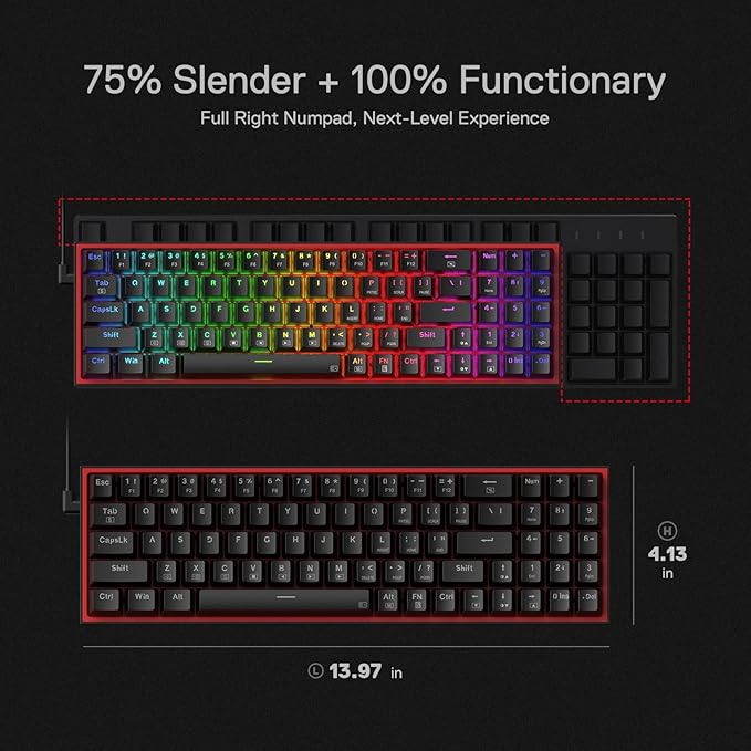 Redragon K628 POLLUX RGB 75% Hot-Swap Wired Mechanical Gaming Keyboard – 78 Keys, Red Switch, Free-Mod PCB, 470g Ultra-Light, Pro Software – Black/Red