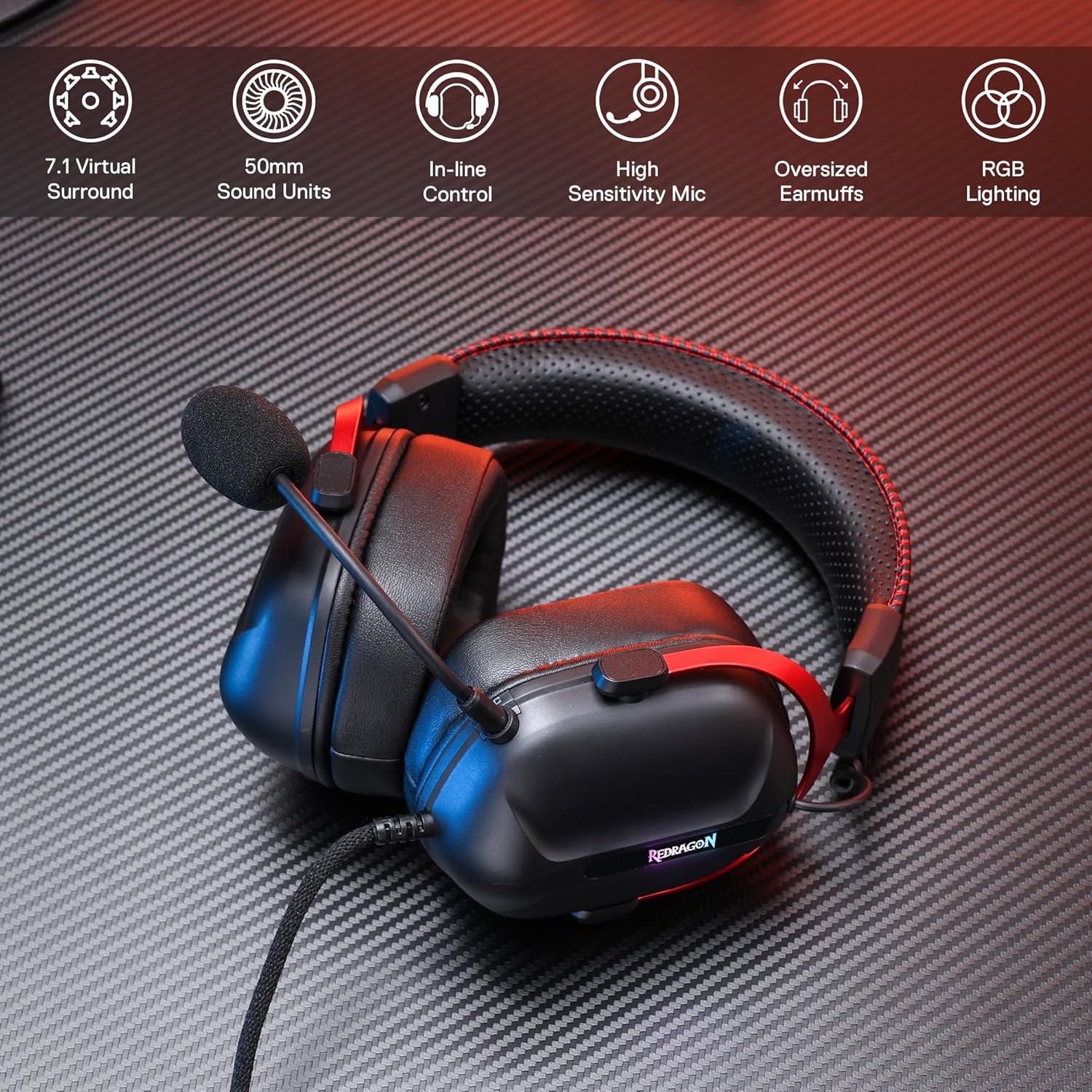 Redragon H312 CYBILL Virtual 7.1 Surround RGB USB Wired Gaming Headset – 50mm Drivers, Detachable Boom Mic, In-Line Control, Adjustable Ear Cup, Mesh Leather Headband – Black/Red