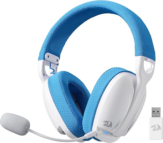 Redragon H878 SKULD PRO 3-Mode Wireless Gaming Headset – 40mm Drivers, Virtual 7.1, 200g Featherlight, Washable Fabric, Detachable Mic, Blue Vibe Lighting – White/Blue