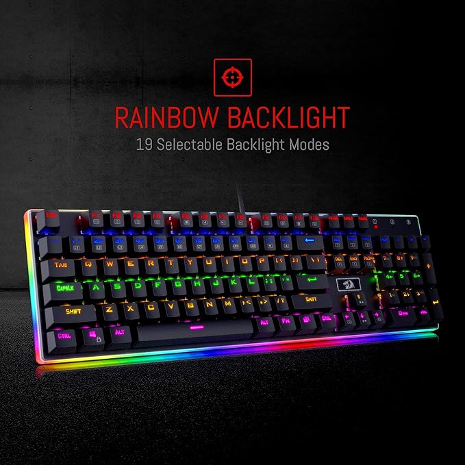 Redragon K577R KALI RGB Wired Mechanical Gaming Keyboard – 104 Keys Full Size, Tactile Red Switch, 19 Backlight Modes, Bottom RGB Lighting – Black