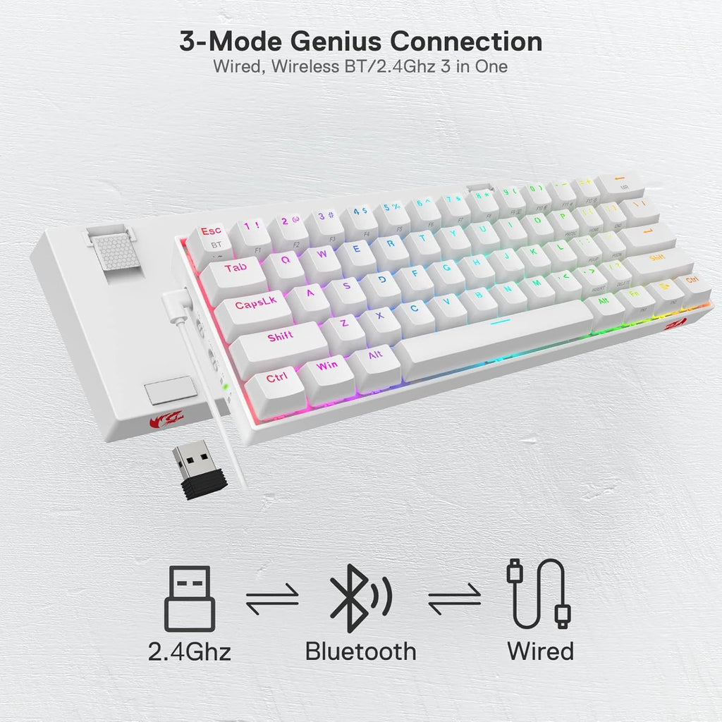Redragon K530 Pro Draconic 60% RGB 3-Mode Wireless Mechanical Gaming Keyboard – 61 Keys, Hot-Swappable, Blue Switch – White