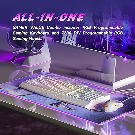 Redragon S101W RGB Gaming Keyboard & Mouse Combo Wired – 104 Keys Membrane, 5 Macro Keys, 6 RGB Modes + 7200 DPI Programmable Mouse, 10 RGB Modes – White