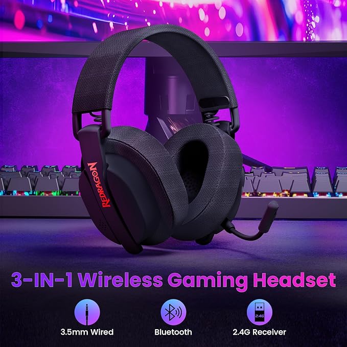 Redragon H888 3-in-1 Wireless Gaming Headset – 168g Ultra-Light, 40mm Drivers, Virtual 7.1 Surround, Mesh Fabric, Detachable Mic – Black / White