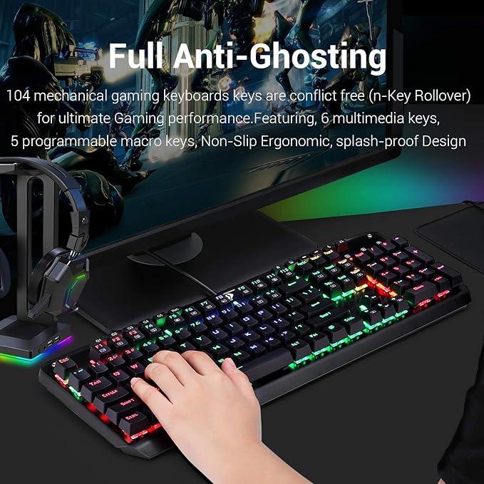 Redragon K555-R INDRAH RGB Wired Mechanical Gaming Keyboard – 104 Keys Full Size, Blue Switch, Macro Keys, Wrist Rest, Spill-Resistant – Black