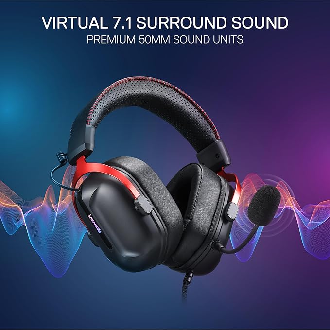Redragon H312 CYBILL Virtual 7.1 Surround RGB USB Wired Gaming Headset – 50mm Drivers, Detachable Boom Mic, In-Line Control, Adjustable Ear Cup, Mesh Leather Headband – Black/Red