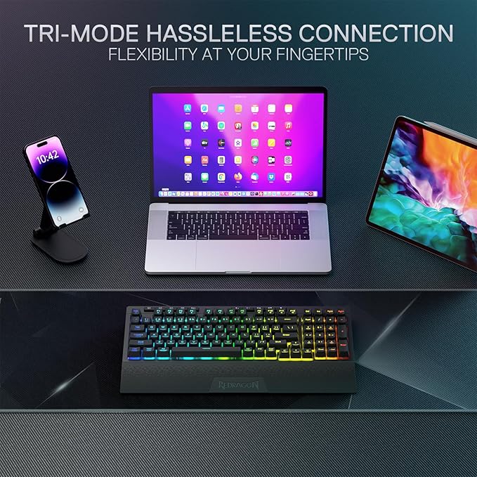 Redragon K515 PRO Shiva RGB 3-Mode Wireless Membrane Gaming Keyboard – 98 Keys, Detachable Wrist Rest