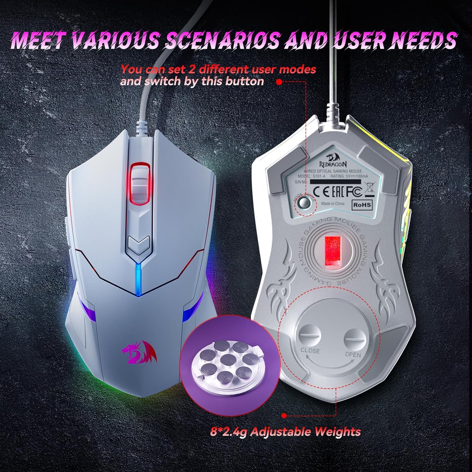 Redragon S101W RGB Gaming Keyboard & Mouse Combo Wired – 104 Keys Membrane, 5 Macro Keys, 6 RGB Modes + 7200 DPI Programmable Mouse, 10 RGB Modes – White