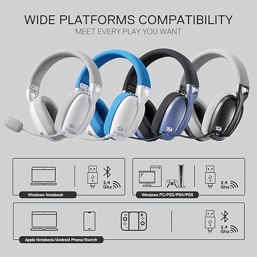 Redragon H878 SKULD PRO 3-Mode Wireless Gaming Headset – 40mm Drivers, Virtual 7.1, 200g Featherlight, Washable Fabric, Detachable Mic, Blue Vibe Lighting – White/Blue