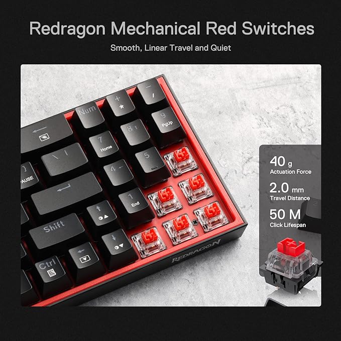 Redragon K628 POLLUX RGB 75% Hot-Swap Wired Mechanical Gaming Keyboard – 78 Keys, Red Switch, Free-Mod PCB, 470g Ultra-Light, Pro Software – Black/Red