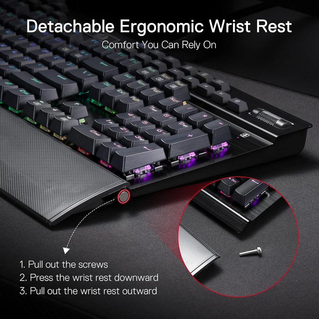 Redragon K550 YAMA RGB Wired Mechanical Gaming Keyboard – Full Size, Purple Switch, 12 Macro Keys, Volume Wheel, USB Pass-through, Detachable Wrist Rest – Black