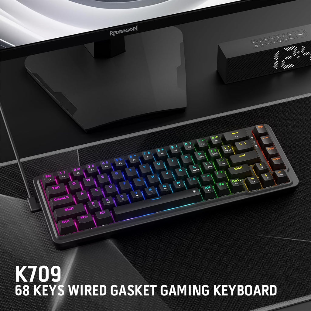 Redragon K709 RGB 65% Wireless Gasket Hot-Swap Mechanical Gaming Keyboard – 68 Keys, Custom Dragon Chant Linear Switch, 5-Layer Noise Dampening, Round PBT Keycaps, Tri-Mode – Black
