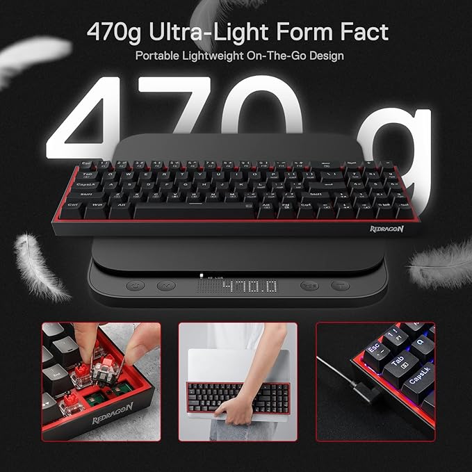 Redragon K628 POLLUX RGB 75% Hot-Swap Wired Mechanical Gaming Keyboard – 78 Keys, Red Switch, Free-Mod PCB, 470g Ultra-Light, Pro Software – Black/Red