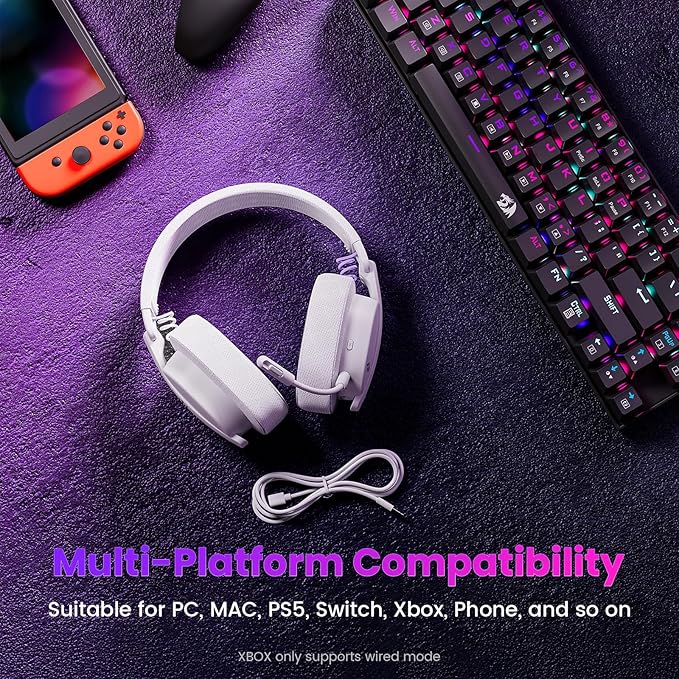 Redragon H888 3-in-1 Wireless Gaming Headset – 168g Ultra-Light, 40mm Drivers, Virtual 7.1 Surround, Mesh Fabric, Detachable Mic – Black / White