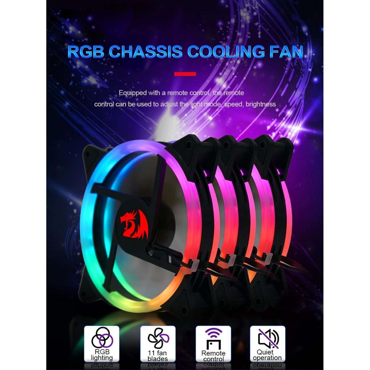 Redragon GC-F011 120mm Full-Color RGB Case Fan 3-Pack – 246 LED Modes, 11 Blades, 1200 RPM, 23.2dBA, Hydraulic Bearing, 6-in-1 Control Box, RF Remote, 8 Silicon Pads – Black