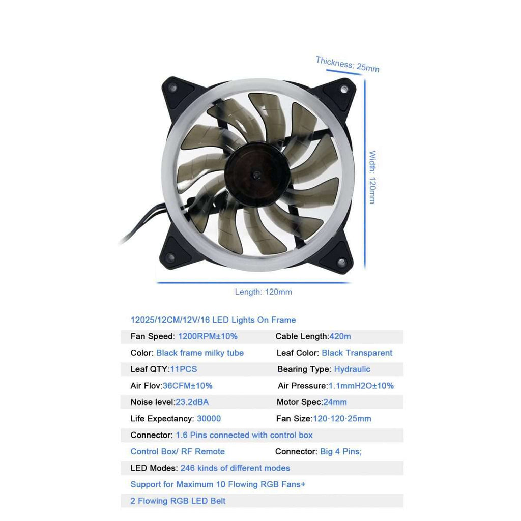 Redragon GC-F011 120mm Full-Color RGB Case Fan 3-Pack – 246 LED Modes, 11 Blades, 1200 RPM, 23.2dBA, Hydraulic Bearing, 6-in-1 Control Box, RF Remote, 8 Silicon Pads – Black