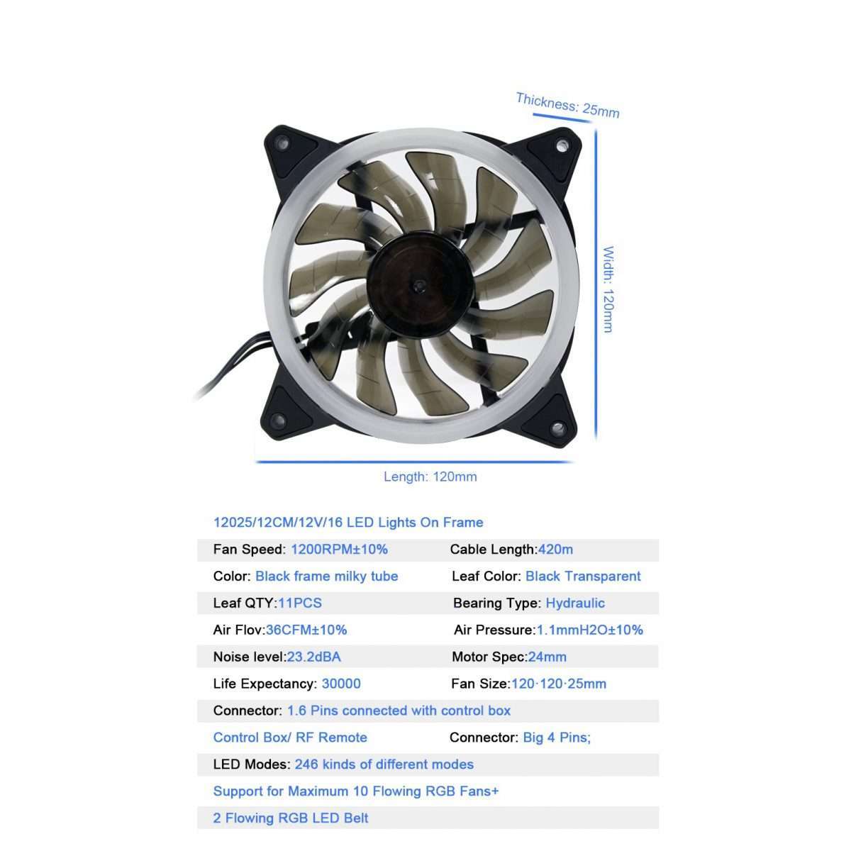 Redragon GC-F011 120mm Full-Color RGB Case Fan 3-Pack – 246 LED Modes, 11 Blades, 1200 RPM, 23.2dBA, Hydraulic Bearing, 6-in-1 Control Box, RF Remote, 8 Silicon Pads – Black
