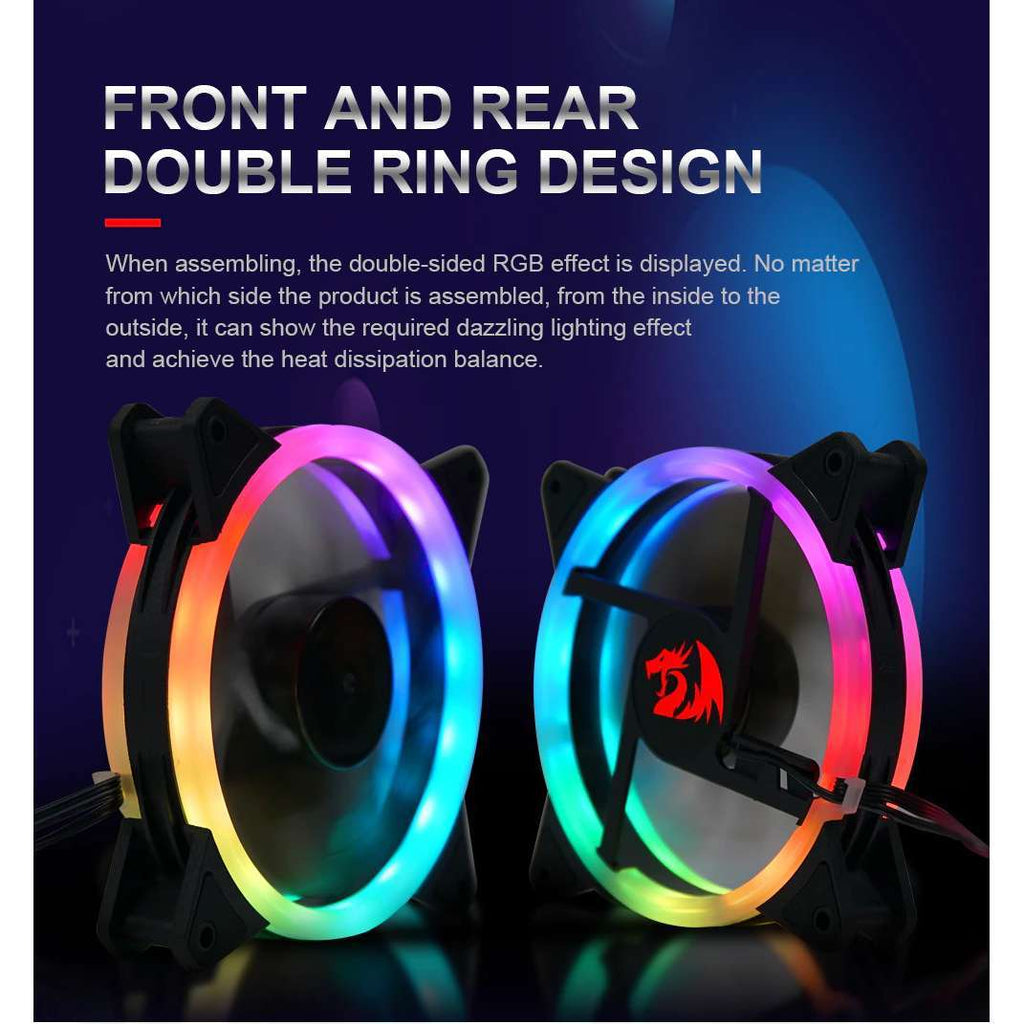 Redragon GC-F011 120mm Full-Color RGB Case Fan 3-Pack – 246 LED Modes, 11 Blades, 1200 RPM, 23.2dBA, Hydraulic Bearing, 6-in-1 Control Box, RF Remote, 8 Silicon Pads – Black