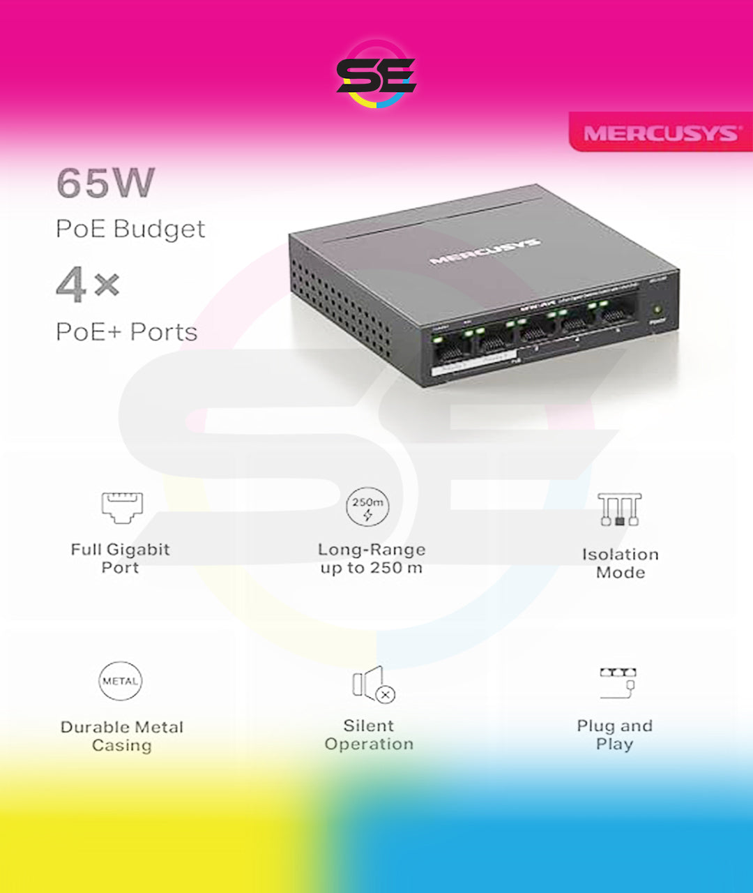 Mercusys MS105GP 5-Port Gigabit Desktop Switch with 4-Port PoE+