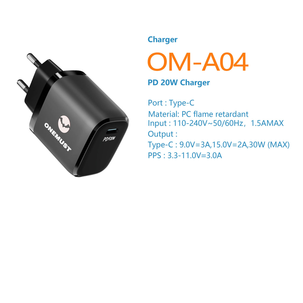 Onemust OM-A04 PD 20W USB-C Fast Charger - White / Black