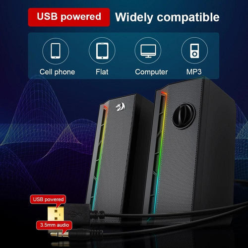 Redragon GS580 Calliope RGB Gaming Desktop Speakers – 2.0 Channel Stereo, 5Wx2, Independent Volume Knob, USB Powered + 3.5mm AUX – Black
