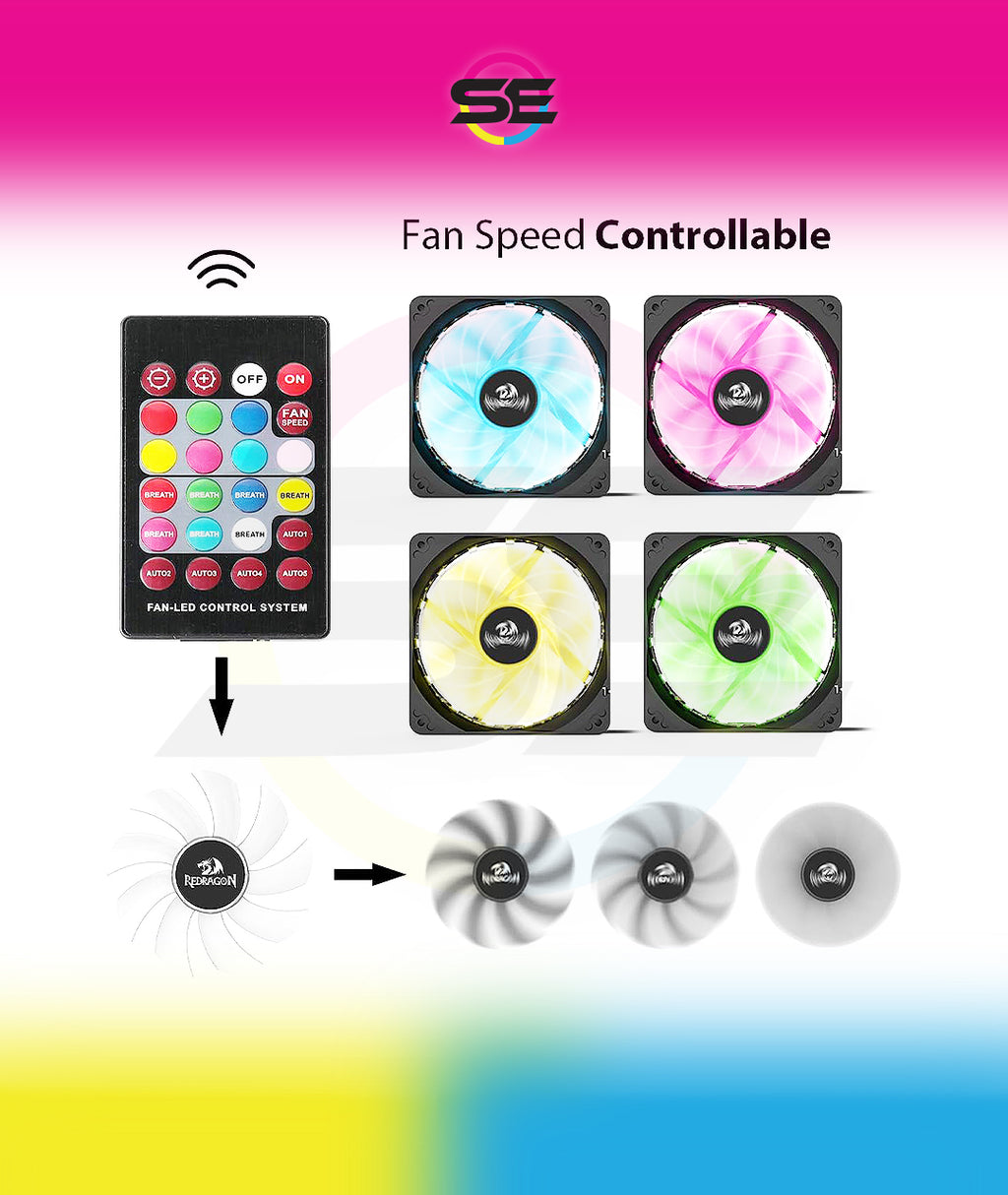 Redragon 120mm RGB Case Fan 3-Pack – 15 LEDs, 7 Colors, 1200 RPM, Super Quiet High Airflow, Wireless Remote Fan Speed Control, 6-PIN Connector – Black