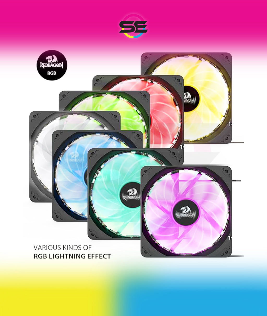 Redragon 120mm RGB Case Fan 3-Pack – 15 LEDs, 7 Colors, 1200 RPM, Super Quiet High Airflow, Wireless Remote Fan Speed Control, 6-PIN Connector – Black