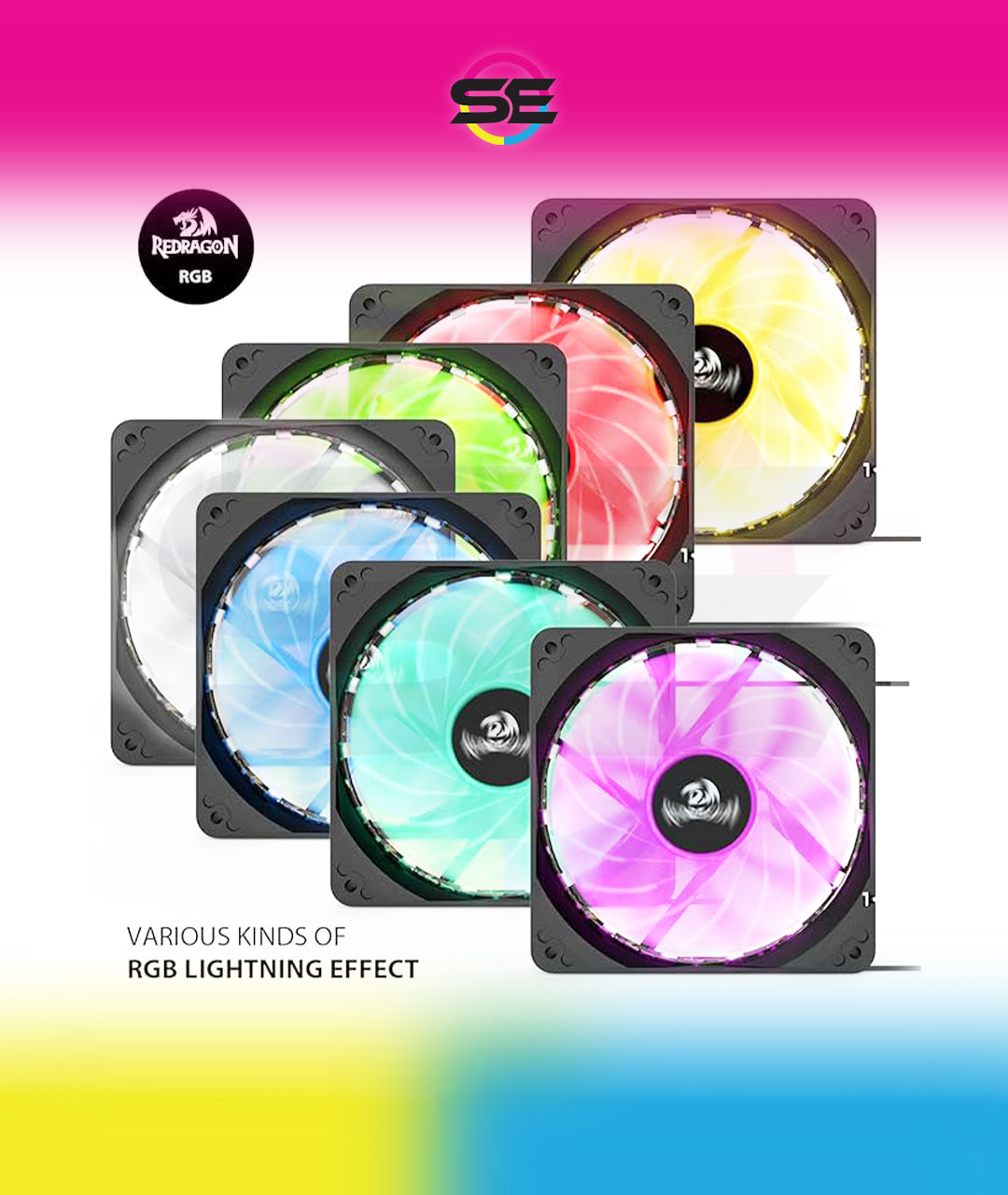 Redragon 120mm RGB Case Fan 3-Pack – 15 LEDs, 7 Colors, 1200 RPM, Super Quiet High Airflow, Wireless Remote Fan Speed Control, 6-PIN Connector – Black
