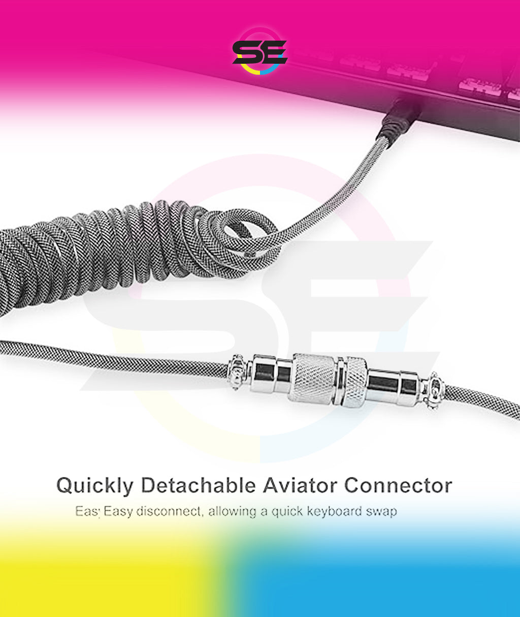 Redragon A115 Coiled USB-C Keyboard Cable – Double-Sleeved, Professional Reversed Coil, Aviator Connector, Gold-Plated USB-A – Space Gray / White