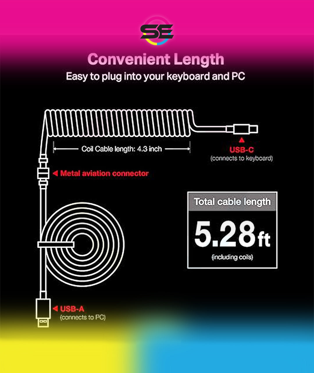 Redragon A115 Coiled USB-C Keyboard Cable – Double-Sleeved, Professional Reversed Coil, Aviator Connector, Gold-Plated USB-A – Space Gray / White