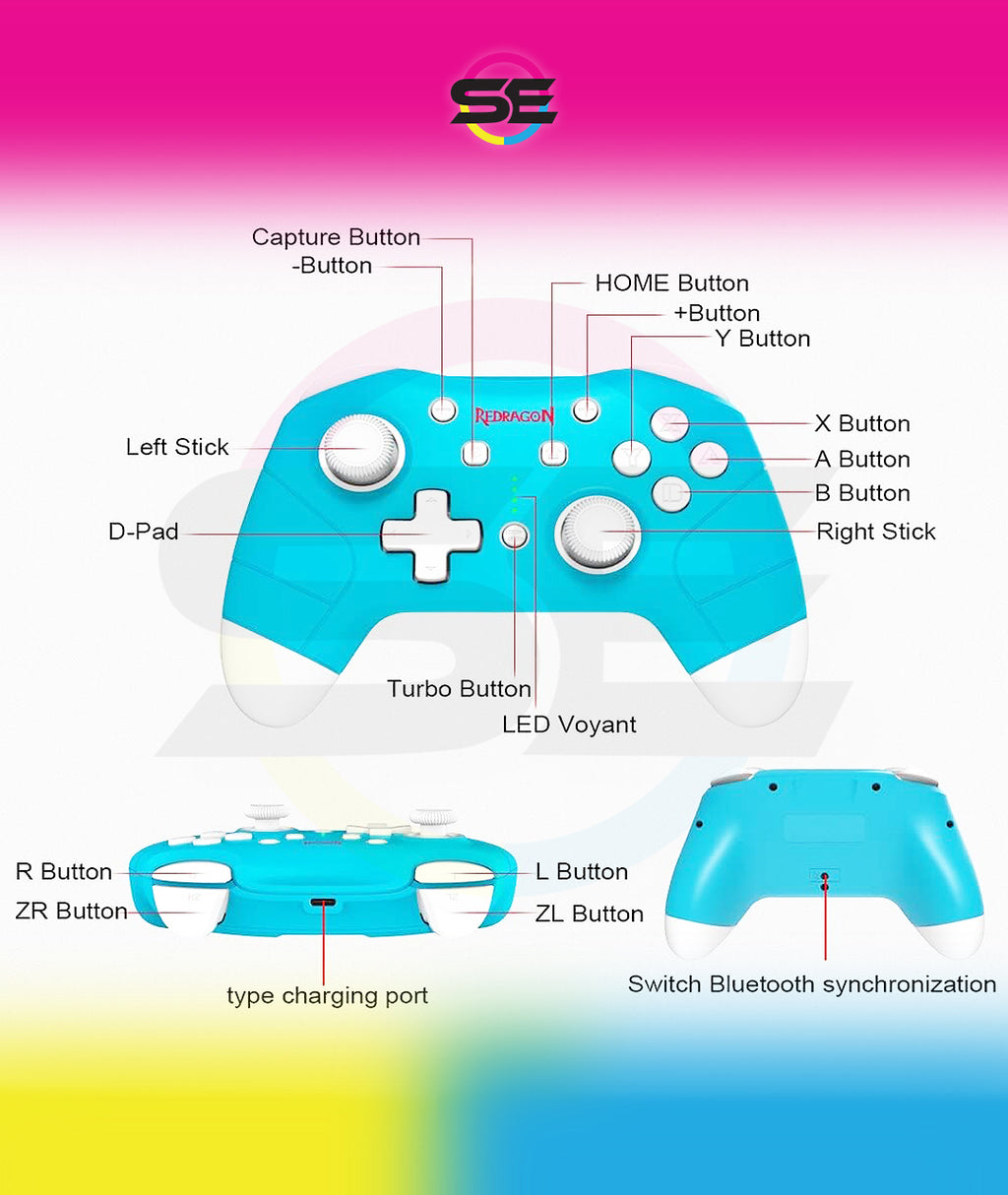 Redragon G815 Pluto Wireless Bluetooth Gaming Controller – Dual Vibration, NFC, Turbo, 3D Joystick – Switch, PS3/4/5, Xbox One X, PC & Android – Blue/White & Pink/Gray
