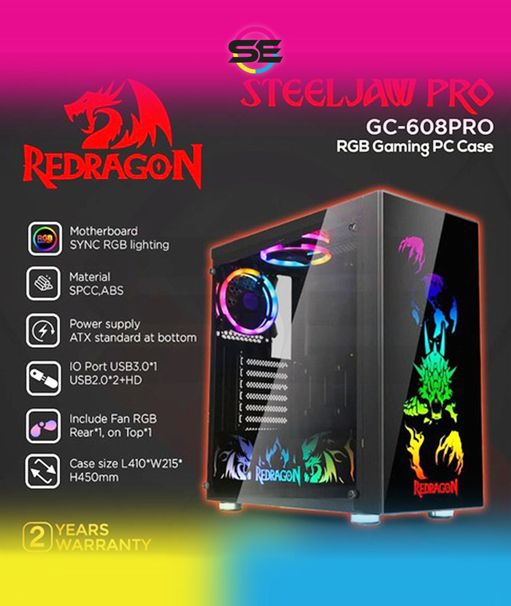 Redragon GC-608 PRO SteelJaw Pro RGB Gaming PC Case – Mid-Tower, Tempered Glass Front & Side, Motherboard RGB SYNC, 2+1 Double-Ring RGB Fans, ATX/mATX, USB 3.0 – Black