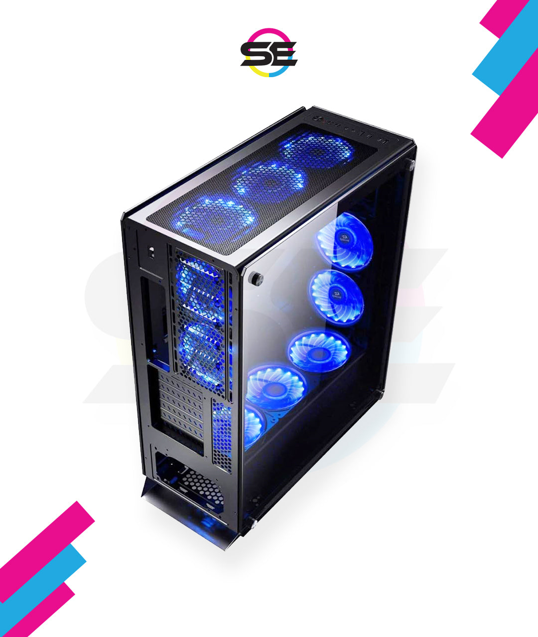 Redragon GC-801 IRONHIDE Full-Tower RGB Gaming PC Case – 4-Side Tempered Glass, 12 Fan Support, 6x GC-F008 RGB Turbo Fans Included, 360mm Radiator, CNC Aluminum Screws – Black