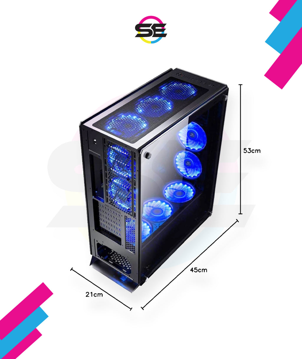 Redragon GC-801 IRONHIDE Full-Tower RGB Gaming PC Case – 4-Side Tempered Glass, 12 Fan Support, 6x GC-F008 RGB Turbo Fans Included, 360mm Radiator, CNC Aluminum Screws – Black