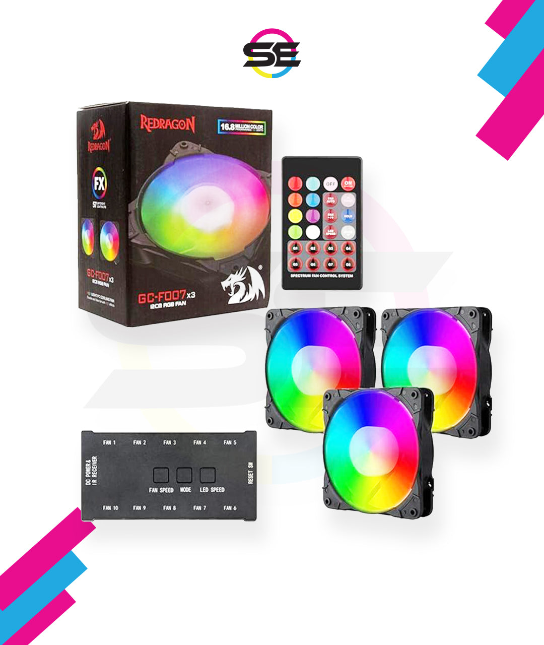 Redragon GC-F007 120mm Full-Color RGB Case Fan 3-Pack – 16.8M Colors, 57 Lighting Modes, Full Transparent Blades, 10-Port Connector, IR Remote – Black