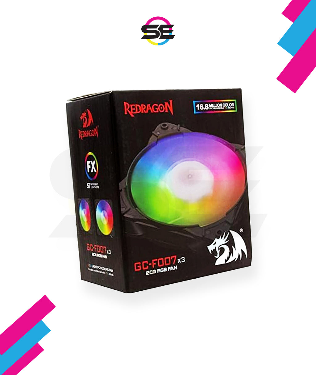 Redragon GC-F007 120mm Full-Color RGB Case Fan 3-Pack – 16.8M Colors, 57 Lighting Modes, Full Transparent Blades, 10-Port Connector, IR Remote – Black