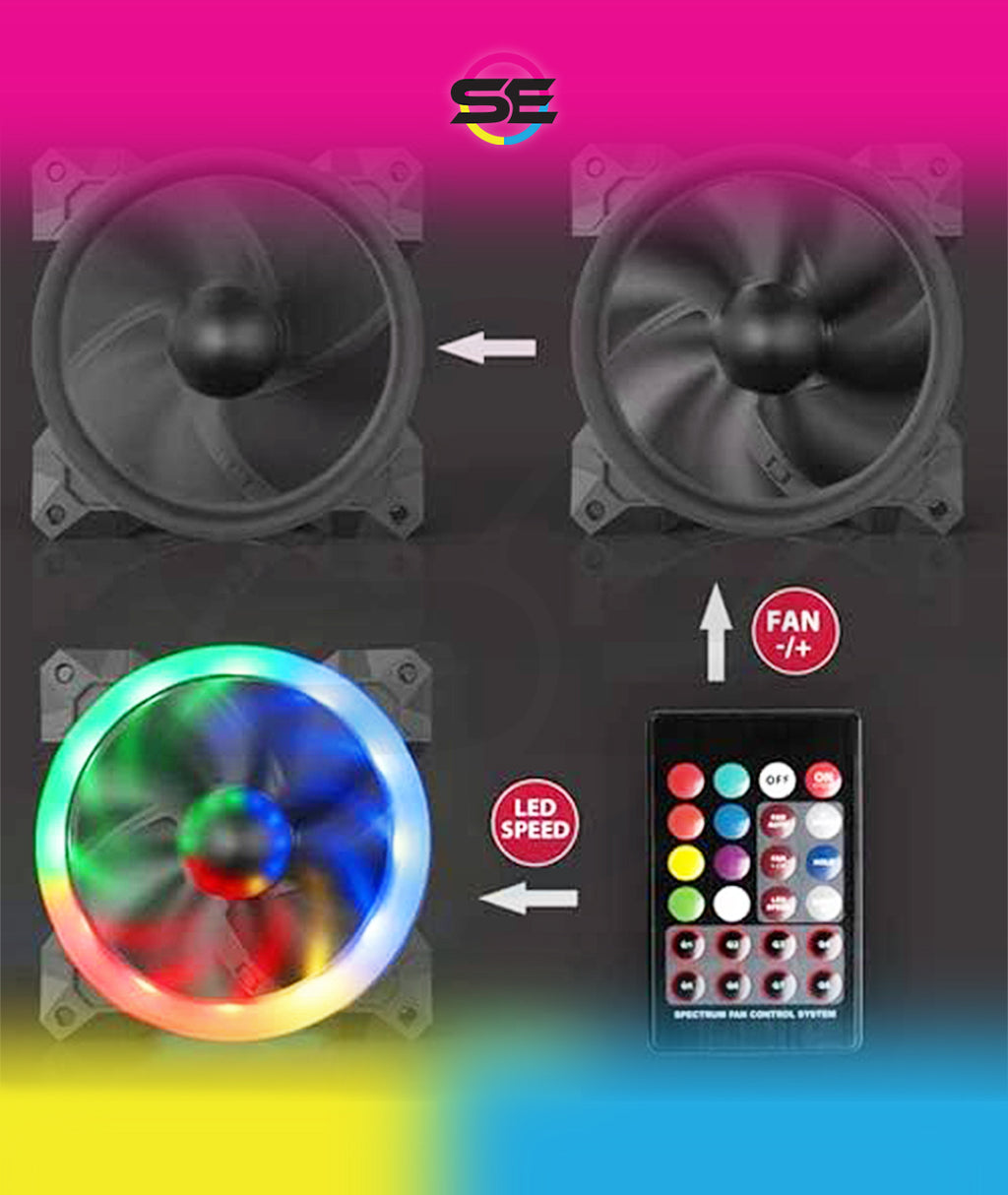 Redragon GC-F008 120mm Full-Color RGB Turbo Case Fan 3-Pack – Dual-Ring Design, 57 Lighting Modes, Super Quiet High Airflow, 10-in-1 Control Box, IR Remote – Black