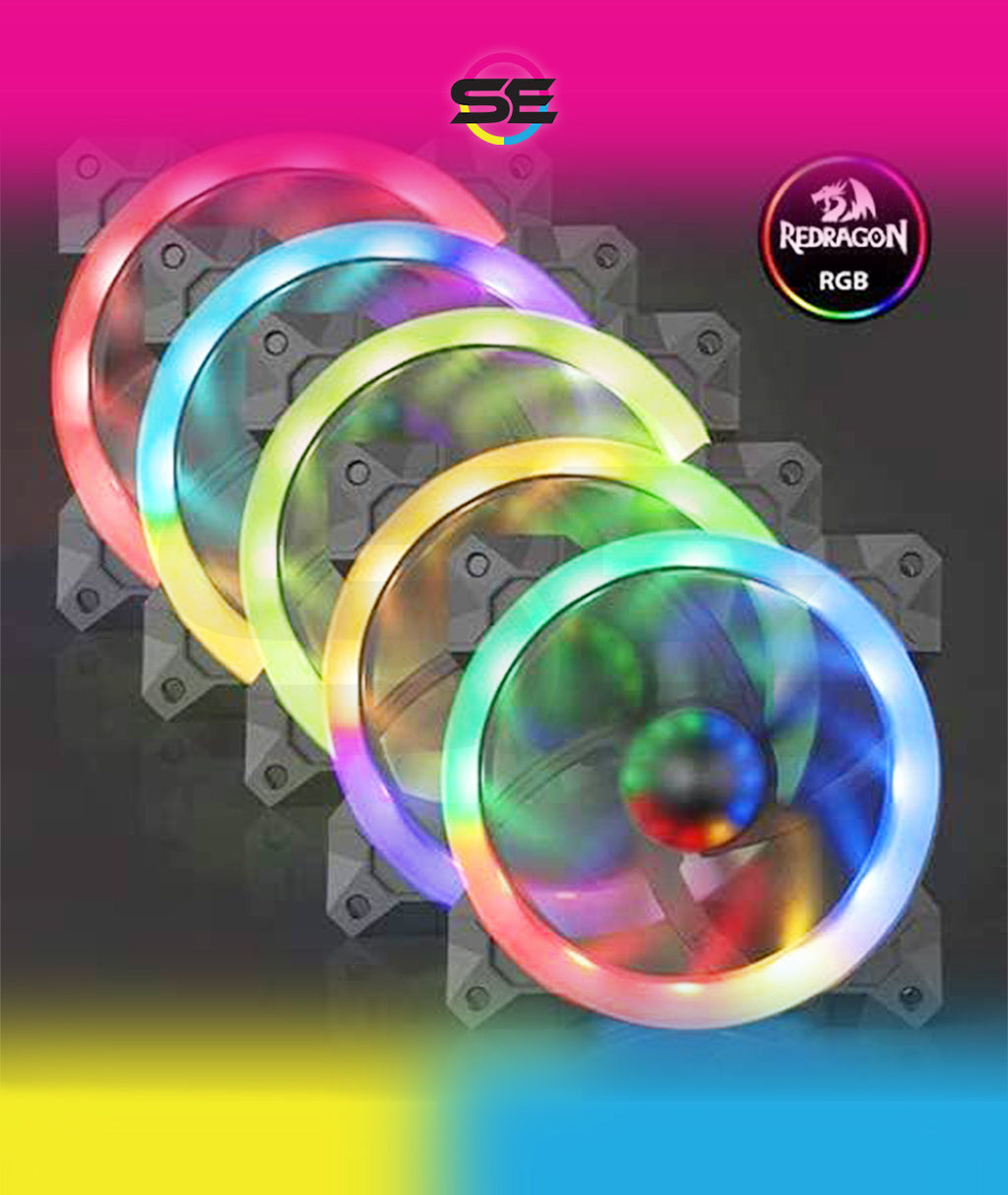 Redragon GC-F008 120mm Full-Color RGB Turbo Case Fan 3-Pack – Dual-Ring Design, 57 Lighting Modes, Super Quiet High Airflow, 10-in-1 Control Box, IR Remote – Black