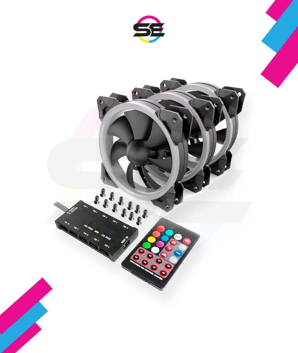 Redragon GC-F008 120mm Full-Color RGB Turbo Case Fan 3-Pack – Dual-Ring Design, 57 Lighting Modes, Super Quiet High Airflow, 10-in-1 Control Box, IR Remote – Black